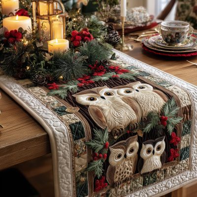 Holly Night Owls Quilted Table Runner