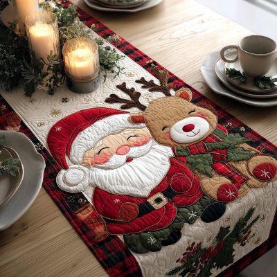 Holly Reindeer Joy Quilted Table Runner