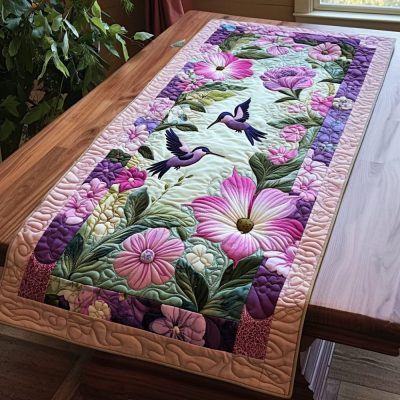 Hummingbird Petal Dance Quilted Table Runner