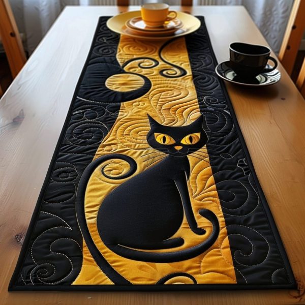 Moonlit Cat Elegance Quilted Table Runner