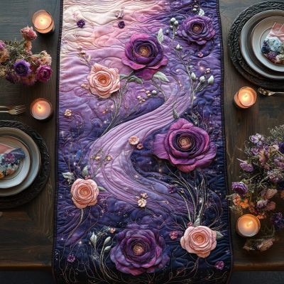 Moonlit Lilac Roses Quilted Table Runner