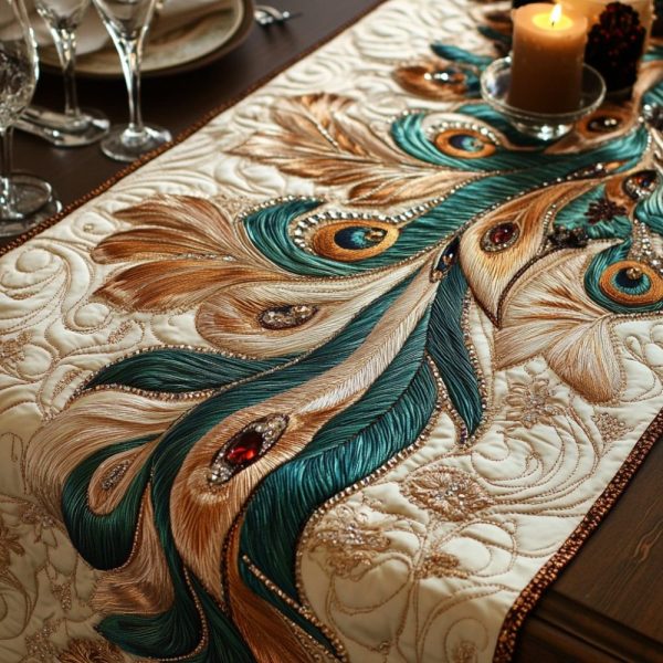 Opulent Peacock Quilted Table Runner