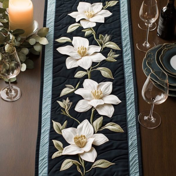 Magnolia Flower Quilted Table Runner