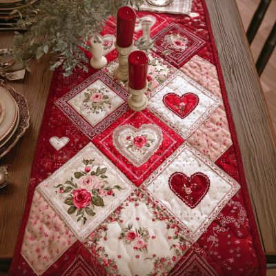 Pink Blossom Heart Quilted Table Runner