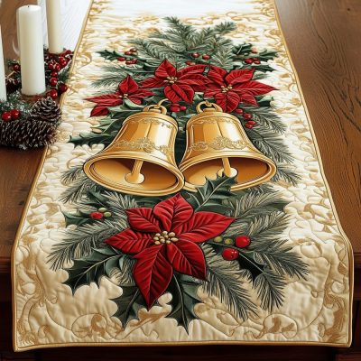 Poinsettia Bell Bliss Quilted Table Runner