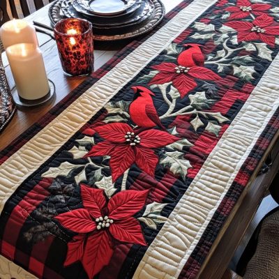 Poinsettia Plaid Cardinal Quilted Table Runner