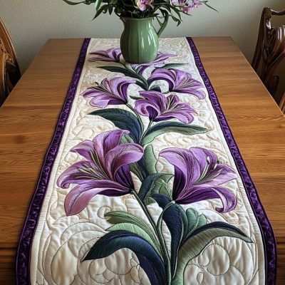 Purple Lilies Quilted Table Runner