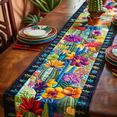 Radiant Cactus Desert Flora  Quilted Table Runner