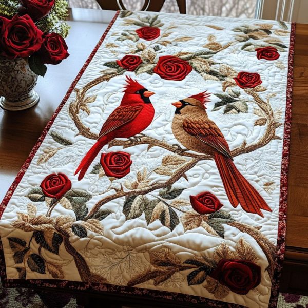 Rose Cardinals Quilted Table Runner