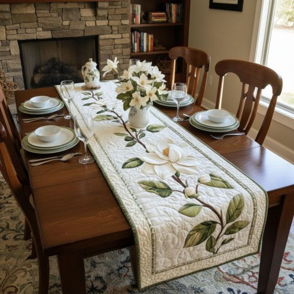Rustic Magnolia Bloom Quilted Table Runner