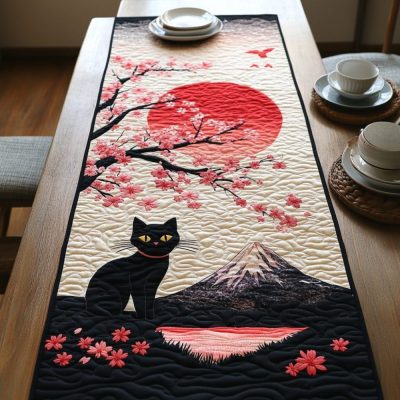 Sakura Mountain Cat Quilted Table Runner