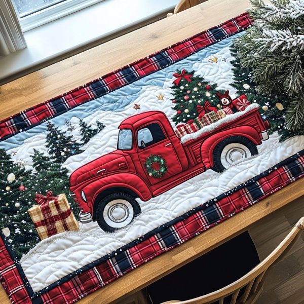 Santa Red Sleigh Quilted Table Runner