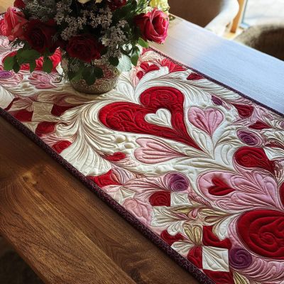 Scarlet Heart Symphony Quilted Table Runner