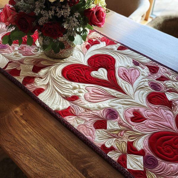 Scarlet Heart Symphony Quilted Table Runner