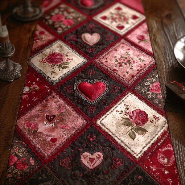 Scarlet Romance Heart Quilted Table Runner