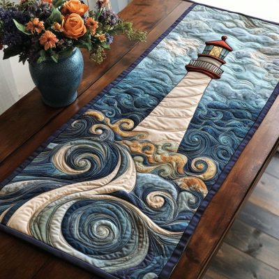 Stormy Sea Lighthouse Quilted Table Runner