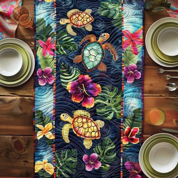 Turtle Floral Paradise Quilted Table Runner