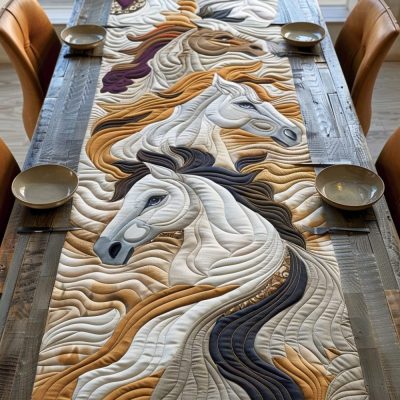 Vibrant White Horse Quilted Table Runner