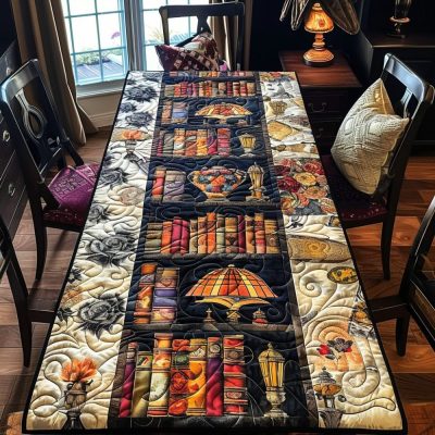 Vintage Bookshelf Quilted Table Runner