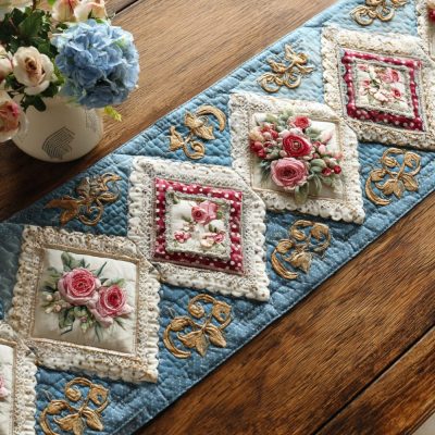 Vintage Rose Meadow Quilted Table Runner