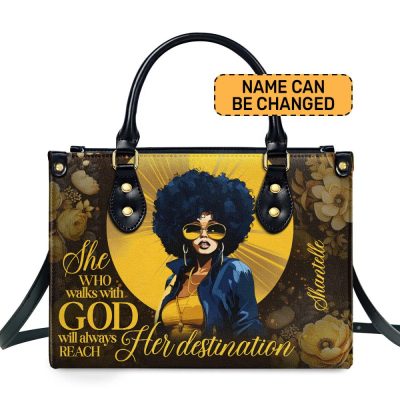 She Who Walks With God Will Always Reach Her Destination - Personalized Purple Leather Handbag Stb169
