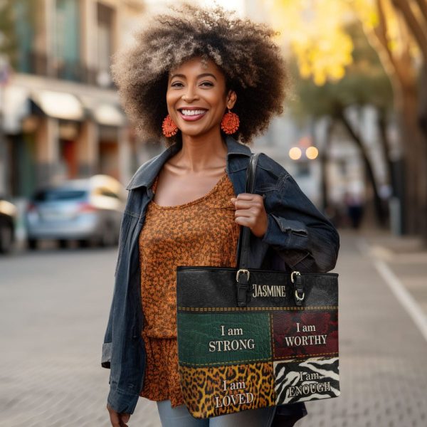 I Am Loved, I Am Enough - Personalized Large Leather Tote Bag