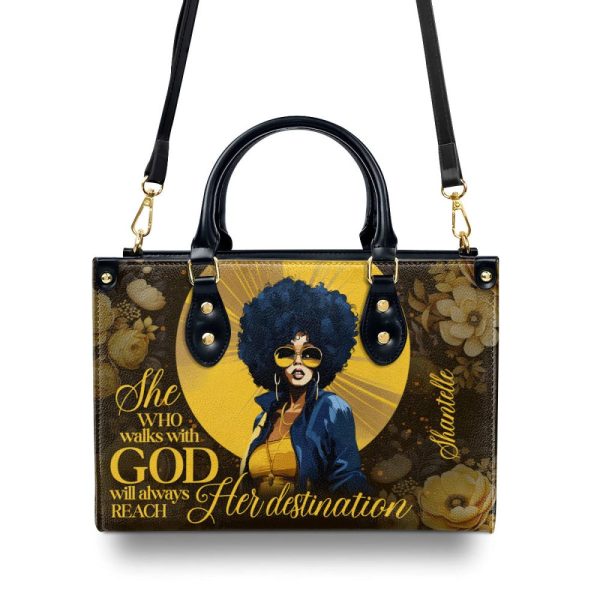 She Who Walks With God Will Always Reach Her Destination - Personalized Purple Leather Handbag Stb169