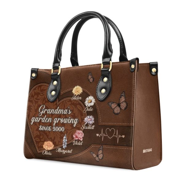 Grandma'S Garden Growing Since Year - Personalized Leather Handbag