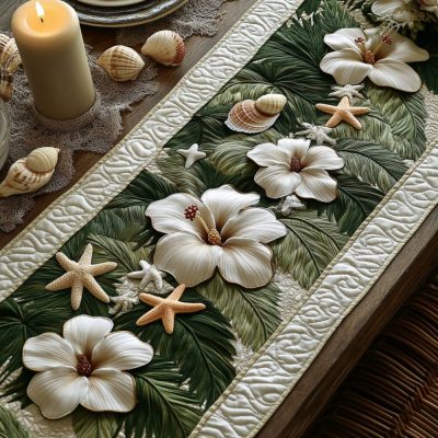White Hibiscus Quilted Table Runner