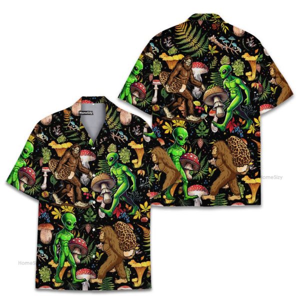 Bigfoot & Alien Trippy Mushroom Forest Hawaiian Shirt