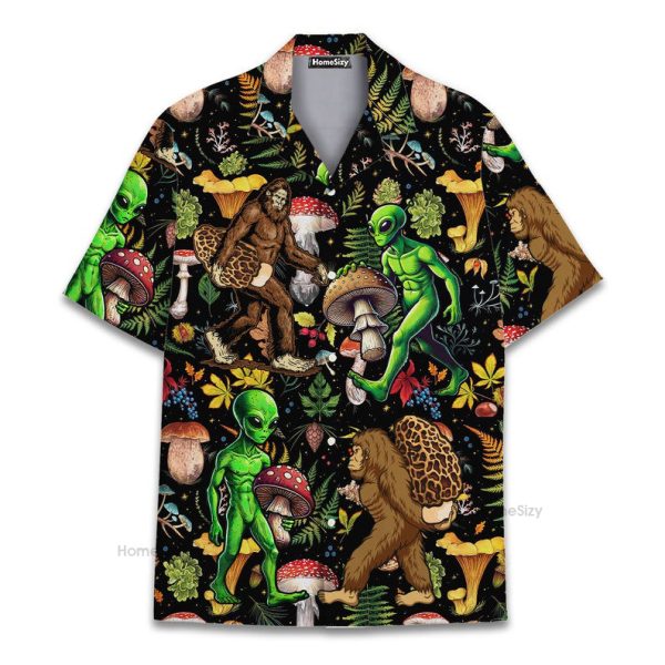 Bigfoot & Alien Trippy Mushroom Forest Hawaiian Shirt