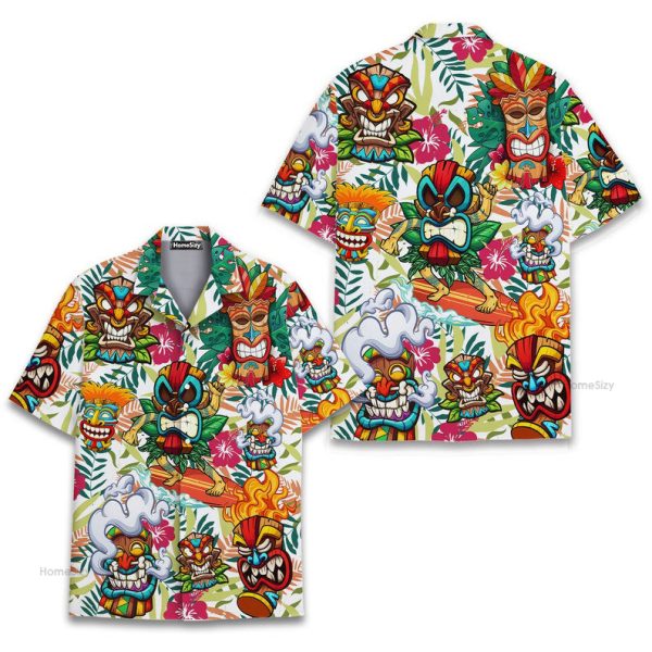 Retro Tiki Mask Colorful  Aloha Tropical Hawaiian Shirt