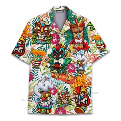 Retro Tiki Mask Colorful  Aloha Tropical Hawaiian Shirt