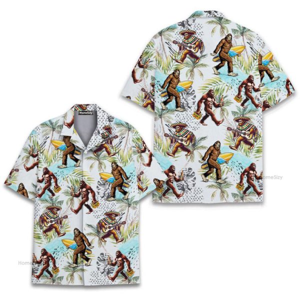 Bigfoot Surfing Sasquatch & Beer Funny Tropical Hawaiian Shirt
