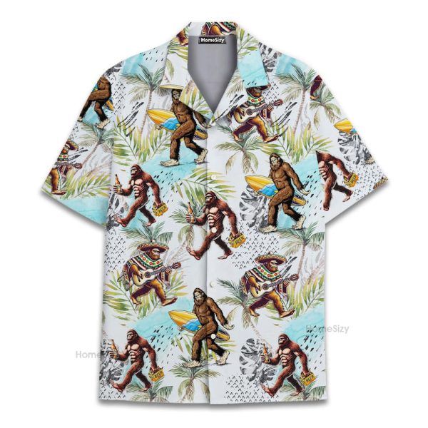 Bigfoot Surfing Sasquatch & Beer Funny Tropical Hawaiian Shirt