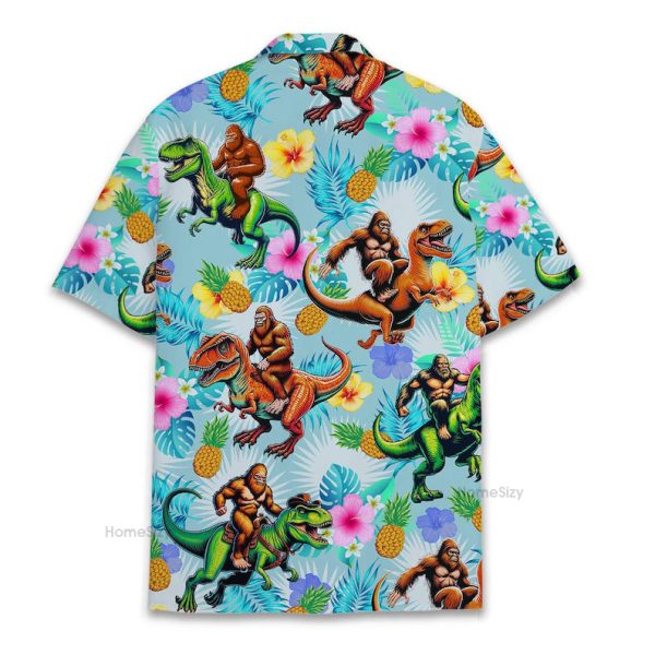 Funny Bigfoot Riding Dinosaur Tropical Hawaiian Shirt