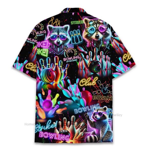 Neon Bowling Funny Raccoon Strike Club Hawaiian Shirt
