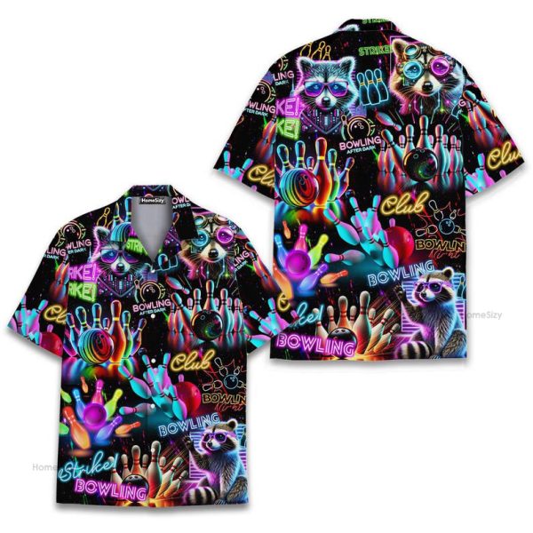 Neon Bowling Funny Raccoon Strike Club Hawaiian Shirt