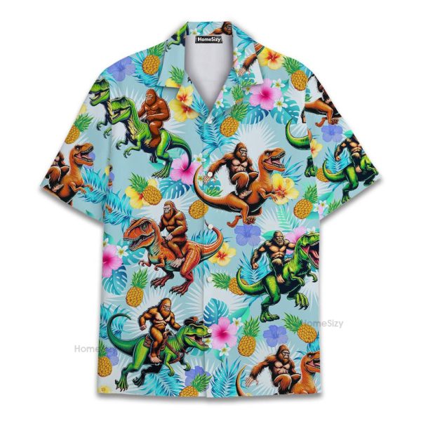 Funny Bigfoot Riding Dinosaur Tropical Hawaiian Shirt