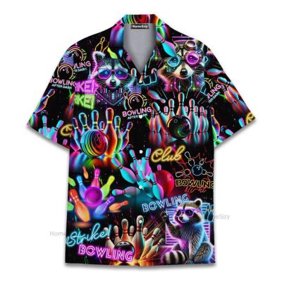 Neon Bowling Funny Raccoon Strike Club Hawaiian Shirt
