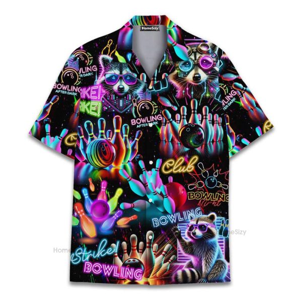 Neon Bowling Funny Raccoon Strike Club Hawaiian Shirt