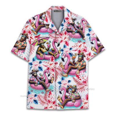 Funny Bigfoot Tropical Beach Party Flamingo Hawaiian Shirt