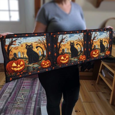 Spook-Tacular Black Cat Quilted Table Runner
