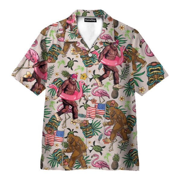Funny Bigfoot Flamingo Tropical Sasquatch Hawaiian Shirt