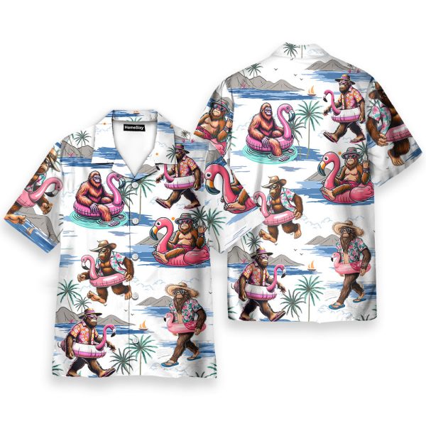 Funny Bigfoot Flamingo Relaxing Sasquatch Tropical Hawaiian Shirt