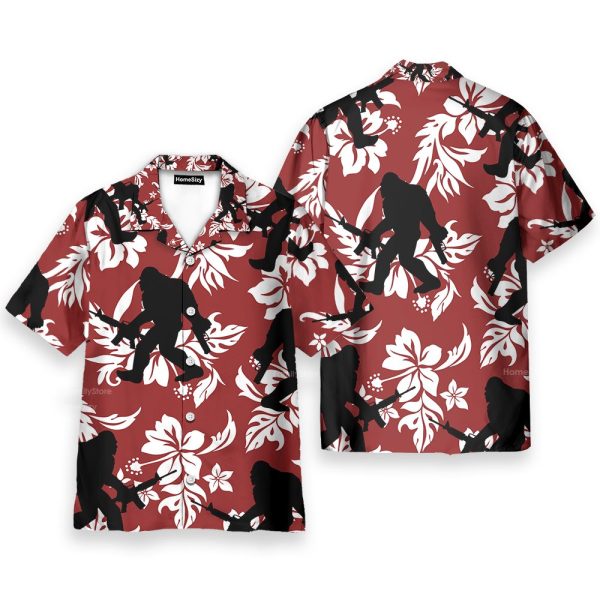 Tactical Bigfoot With Guns Floral Hawaiian Shirt