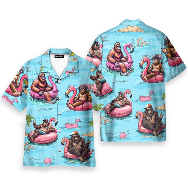 Funny Bigfoot Flamingo Pool Party Tropical Hawaiian Shirt