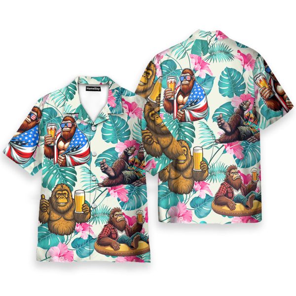 Funny Bigfoot Drink Beer Tropical Floral Hawaiian Shirt