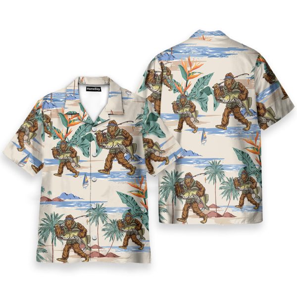 Funny Bigfoot Fishing Tropical Hawaiian Shirt