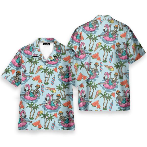 Funny Skeleton Flamingo Summer Beach Party Aloha Hawaiian Shirt